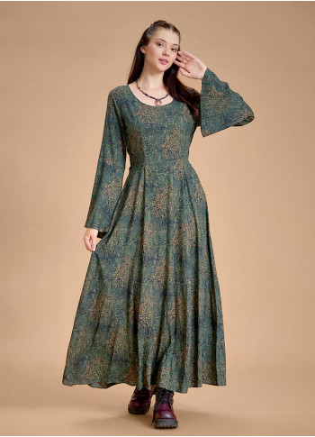 Boat Neck Maxi Bell Khaki Pattern Sleeve Dress